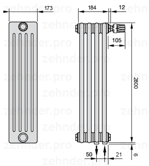 Схема (чертеж) Радиатор Zehnder Charleston 5280/4 №V002 Белый глянцевый RAL 9016